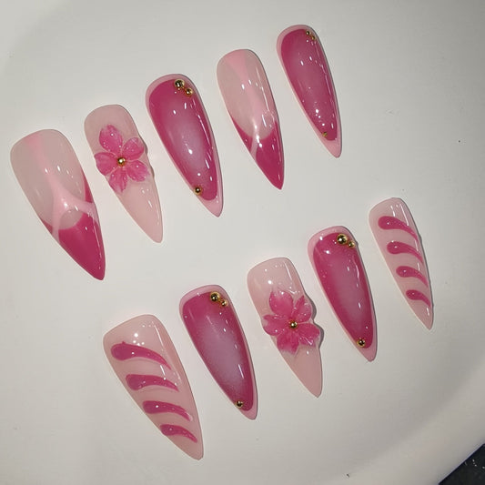 10pcs Set of Handmade Press-On Nails, Rose Pink 3D Carved Press-On Nails