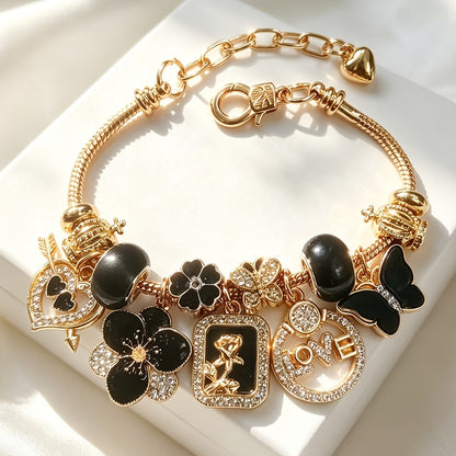Rose Bead Snake Chain Bracelet with Butterfly & Heart Charms