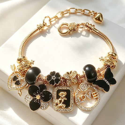 Rose Bead Snake Chain Bracelet with Butterfly & Heart Charms