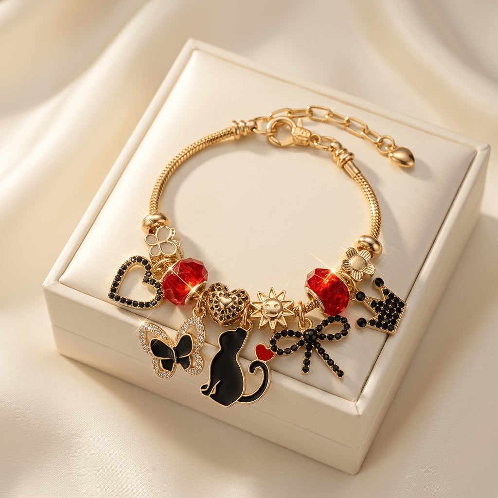Women’s Black Beaded Snake Chain Charm Bracelet