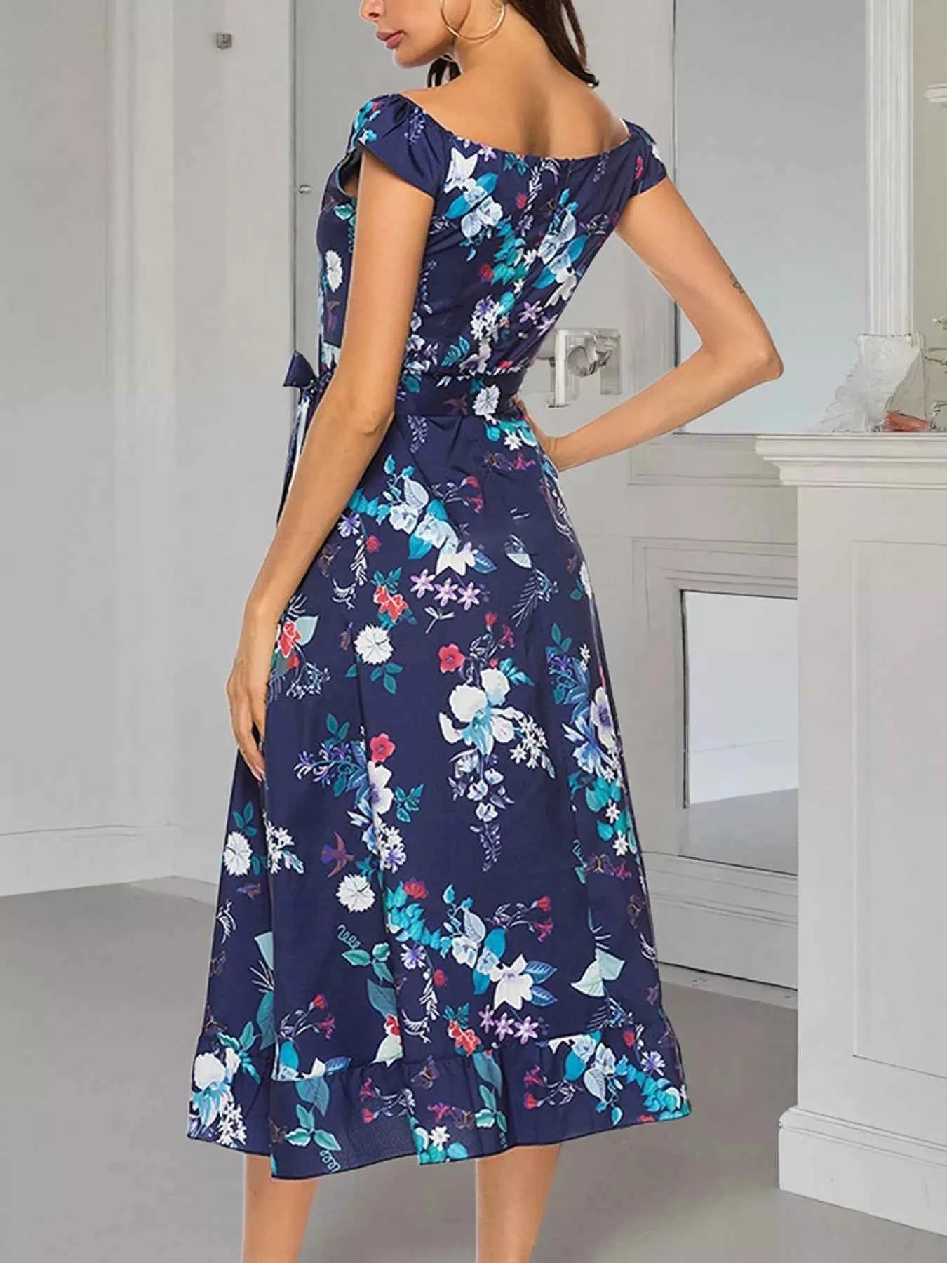 Floral Print Off Shoulder Midi Dress