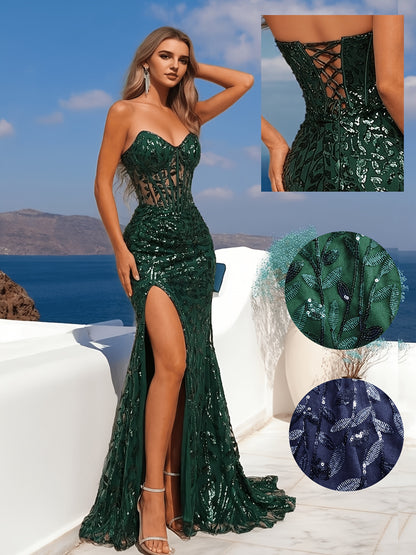 Off-Shoulder Sequin Evening Dress with Side Slit