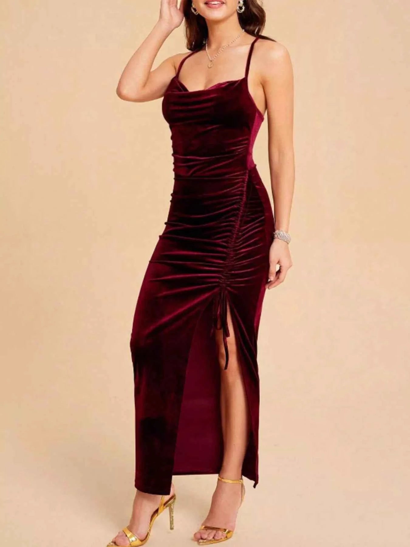 Velvet Ruched Dress with High Slit