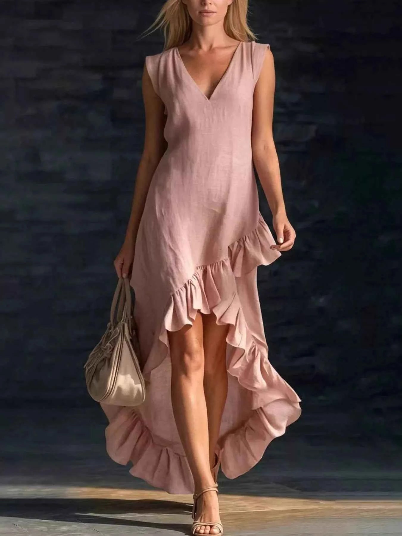 Full Size V-Neck Ruffle Hem High-Low Dress Plus Size