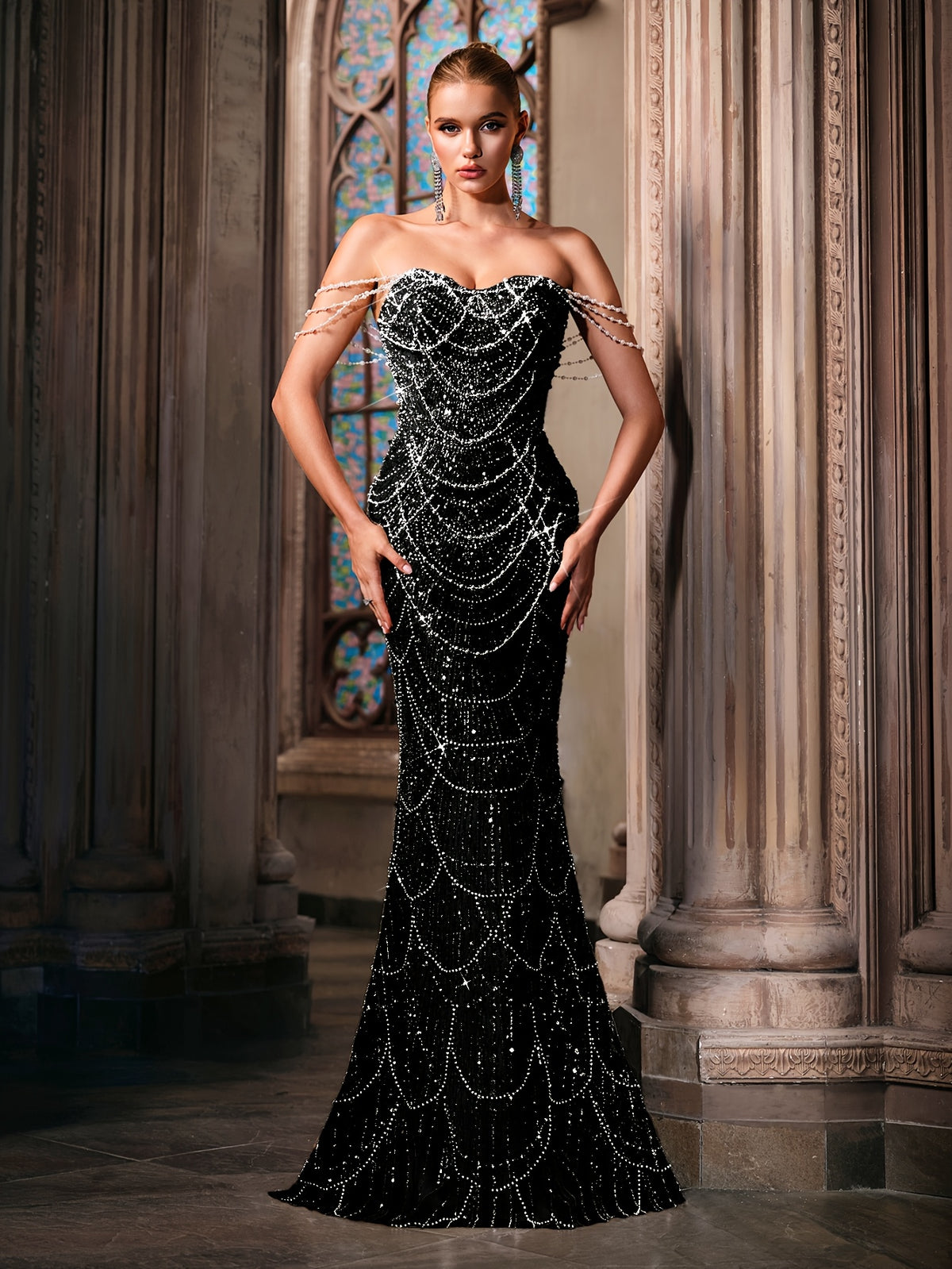 One-Shoulder Sequin Gown with Imitation Pearl Detail
