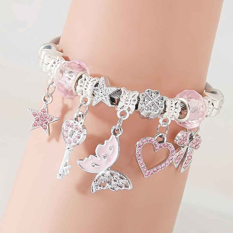 Pink Vintage Minimalist Style Women's Stainless Steel Adjustable Bracelet with Key Pendant, Butterfly, Butterfly Festival, Heart-shaped Pendant, Star Style