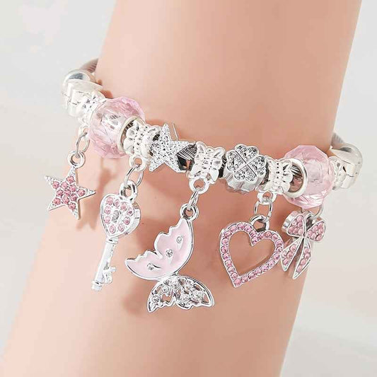 Pink Vintage Minimalist Style Women's Stainless Steel Adjustable Bracelet with Key Pendant, Butterfly, Butterfly Festival, Heart-shaped Pendant, Star Style