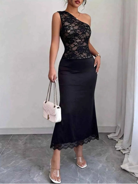 One-Shoulder Lace Trimmed Midi Dress