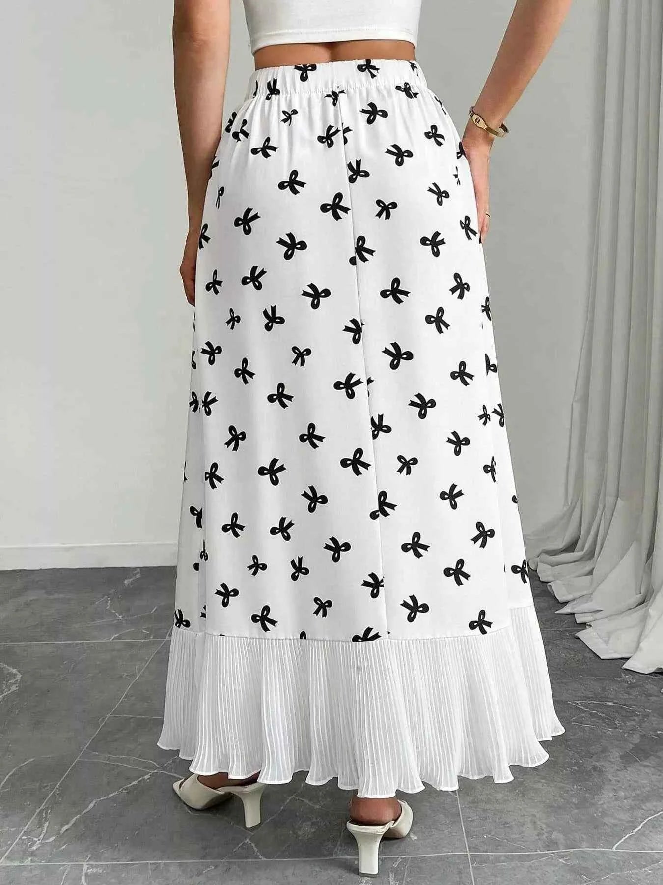 Bow Print Ruffle Hem Flowy Maxi Skirt
