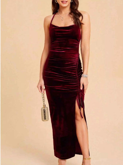 Velvet Ruched Dress with High Slit