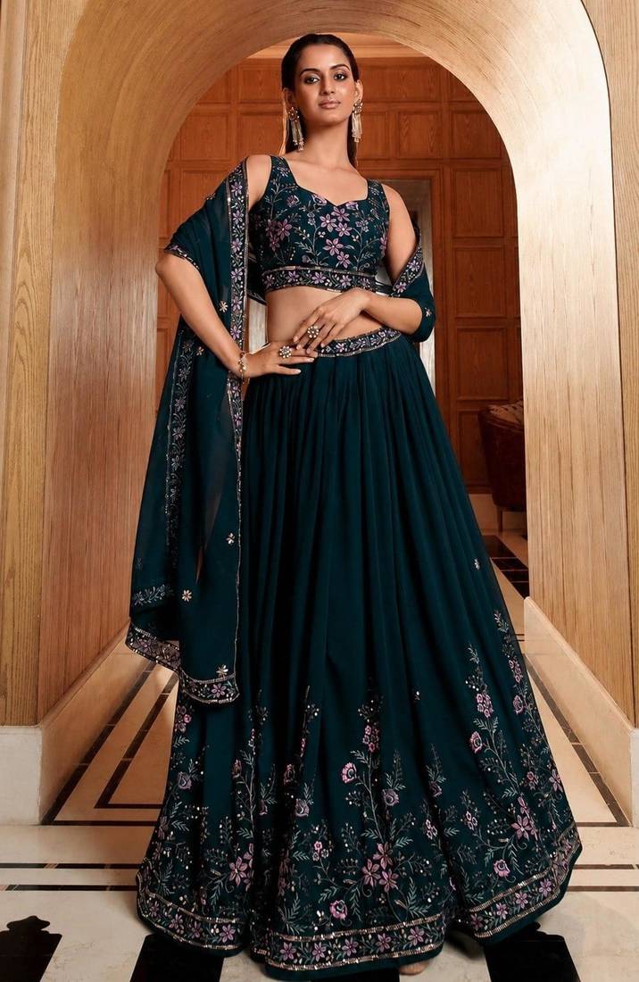 Dark Green Sequin Georgette Lehenga Choli Set