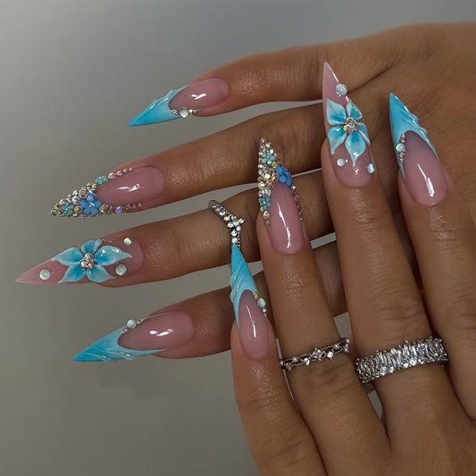 10pcs Stiletto Shape Handmade Nails Shades of Pink And Blue