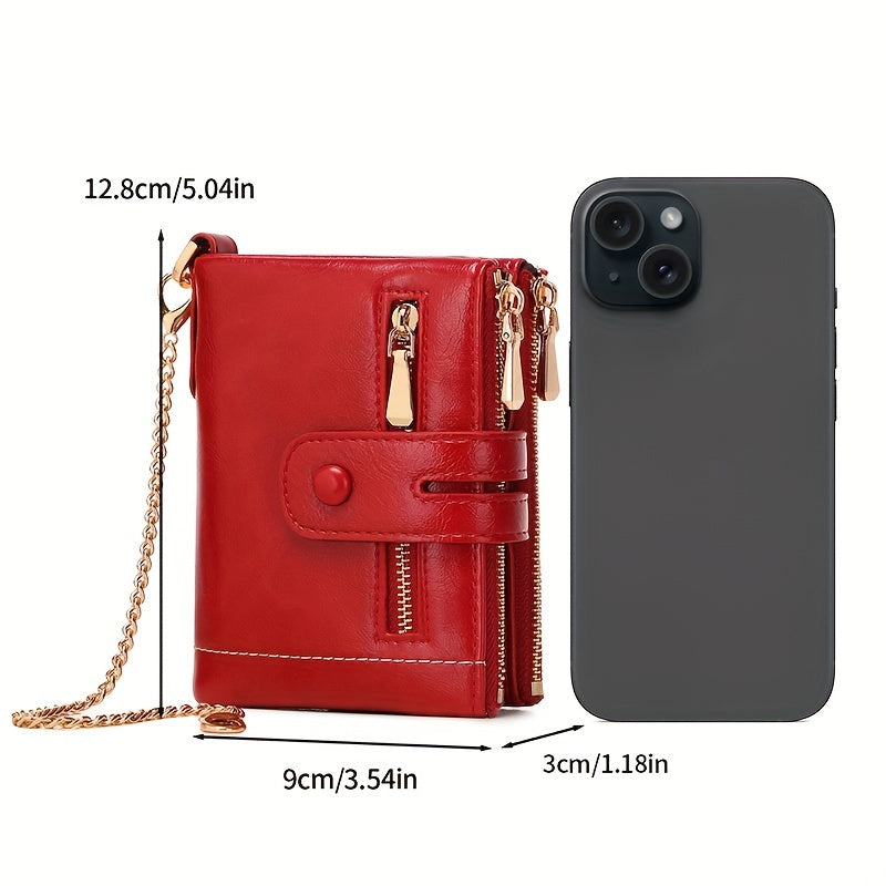 Fashion Multifunctional Chain Wallet Solid Color Bifold Zipper Wallet with Card Slots