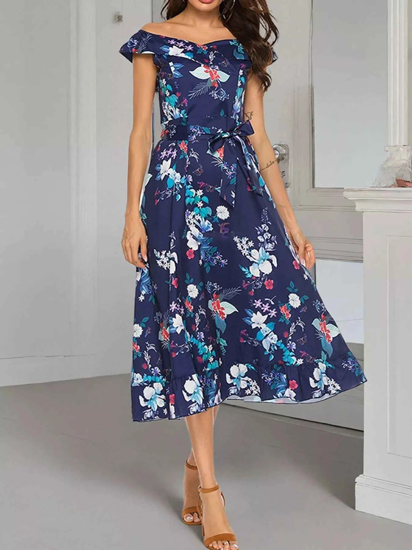 Floral Print Off Shoulder Midi Dress