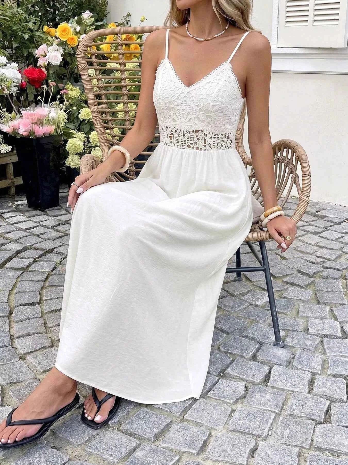 Lace V-Neck Flowy Maxi Dress