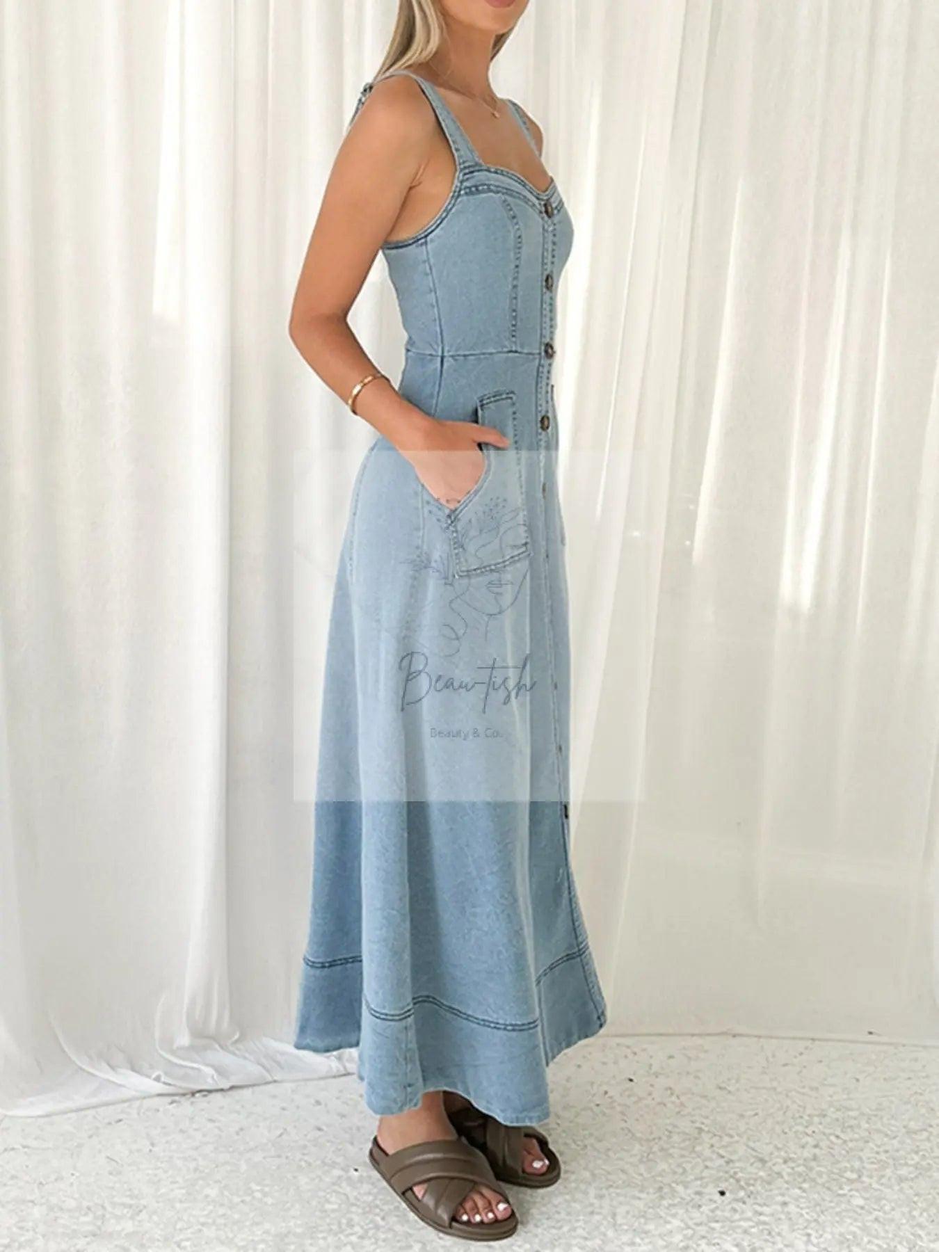 Decor Button Front A-Line Denim Dress