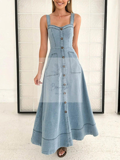 Decor Button Front A-Line Denim Dress
