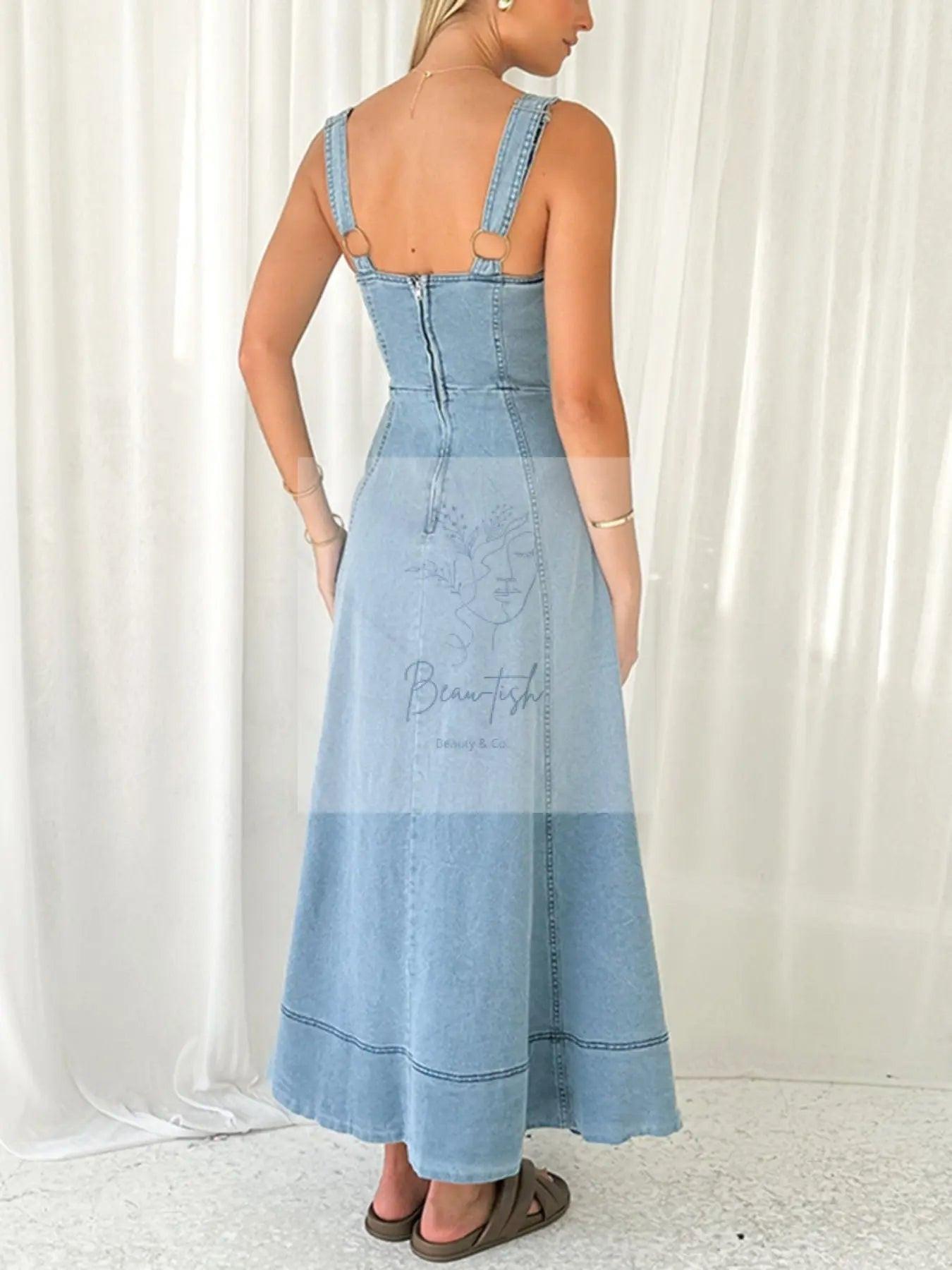 Decor Button Front A-Line Denim Dress