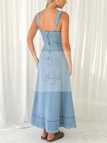 Decor Button Front A-Line Denim Dress