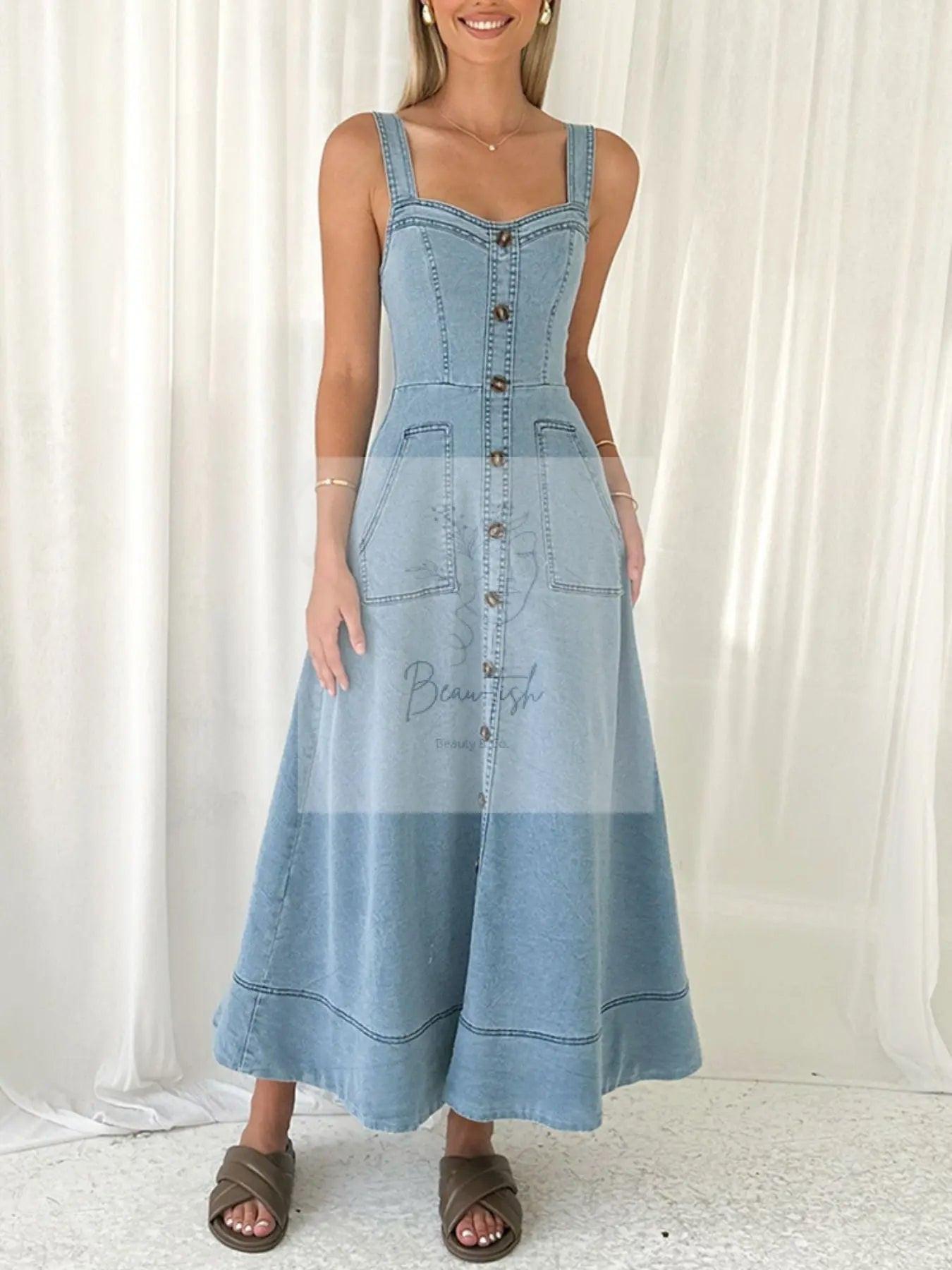 Decor Button Front A-Line Denim Dress