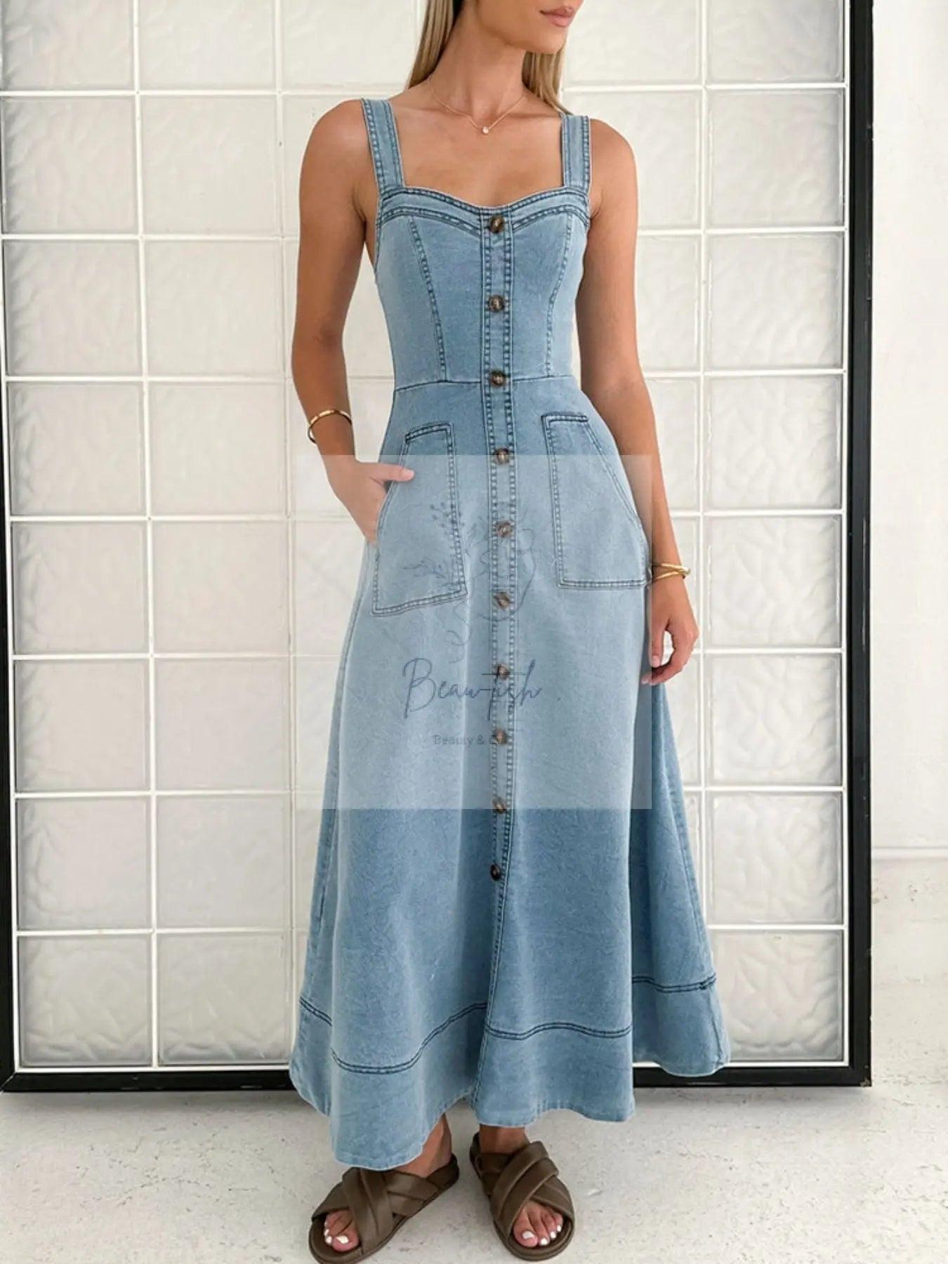 Decor Button Front A-Line Denim Dress