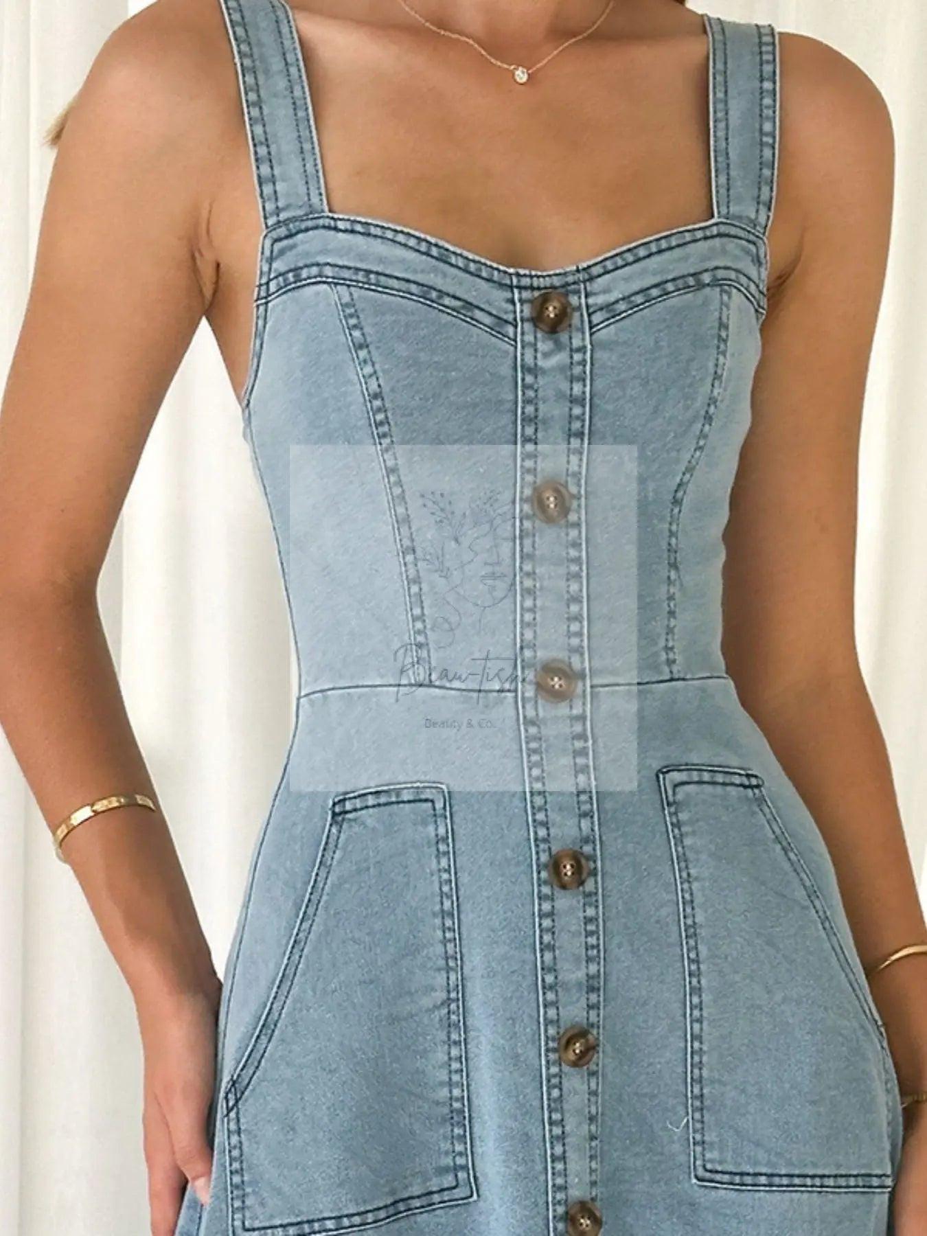Decor Button Front A-Line Denim Dress