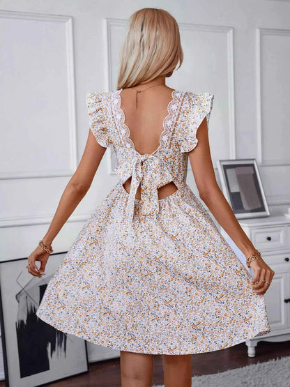 Floral Print Lace Trim Tie Back Mini Dress