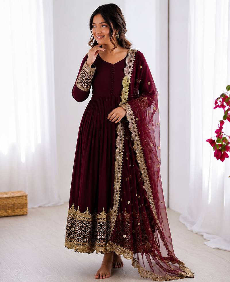 Deep Maroon Sequin Anarkali with Dupatta
