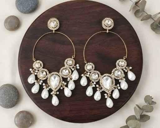 Designer Gold Tone Hoop Earrings With White Pearl Dangling Drops