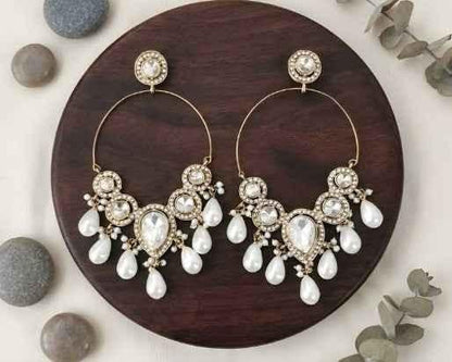 Designer Gold Tone Hoop Earrings With White Pearl Dangling Drops