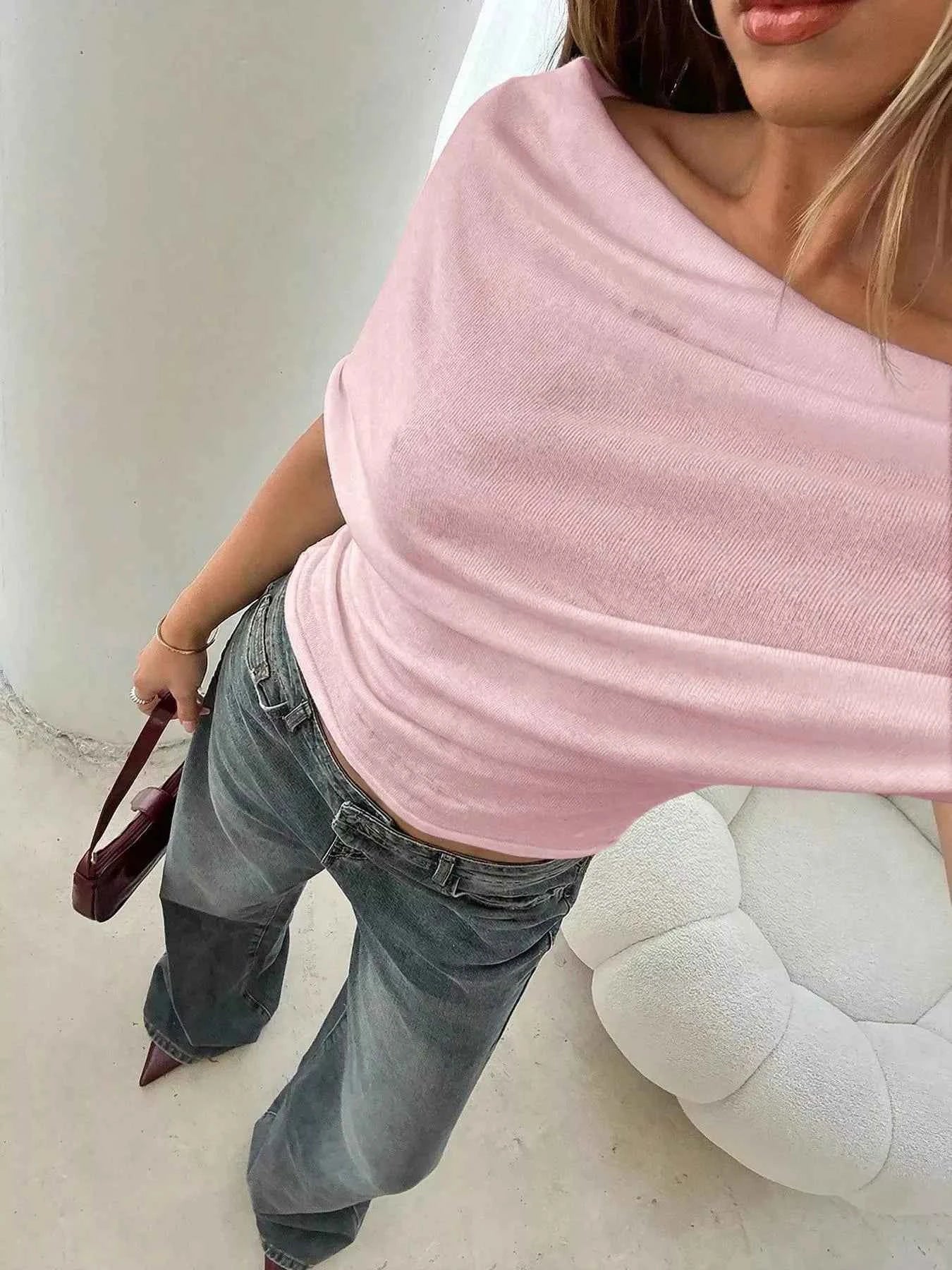 Off-Shoulder Ruched Knit T-Shirt