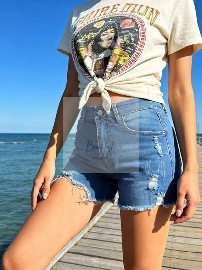 Distressed Frayed Hem Denim Shorts