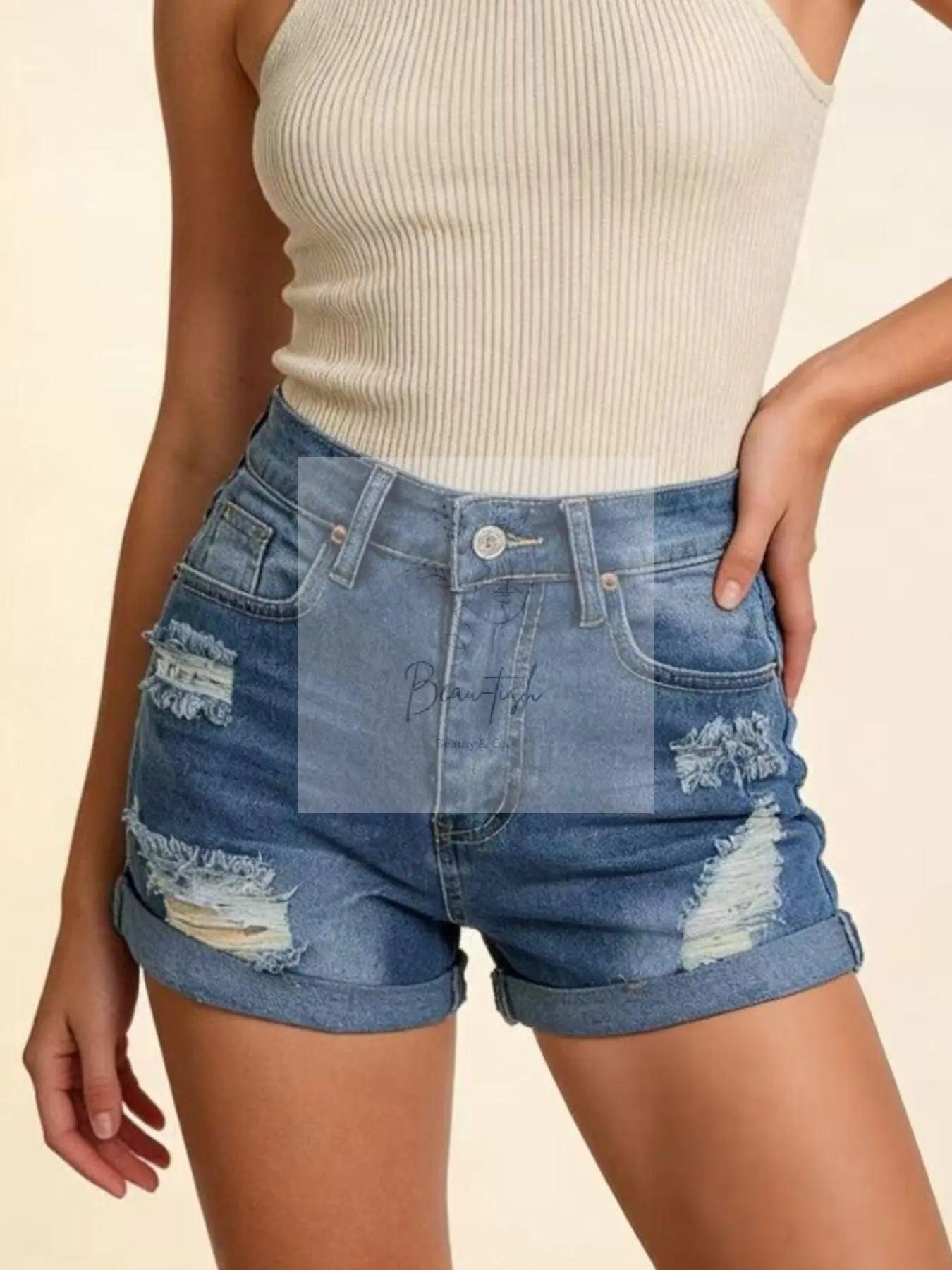 Distressed High-Waisted Denim Shorts