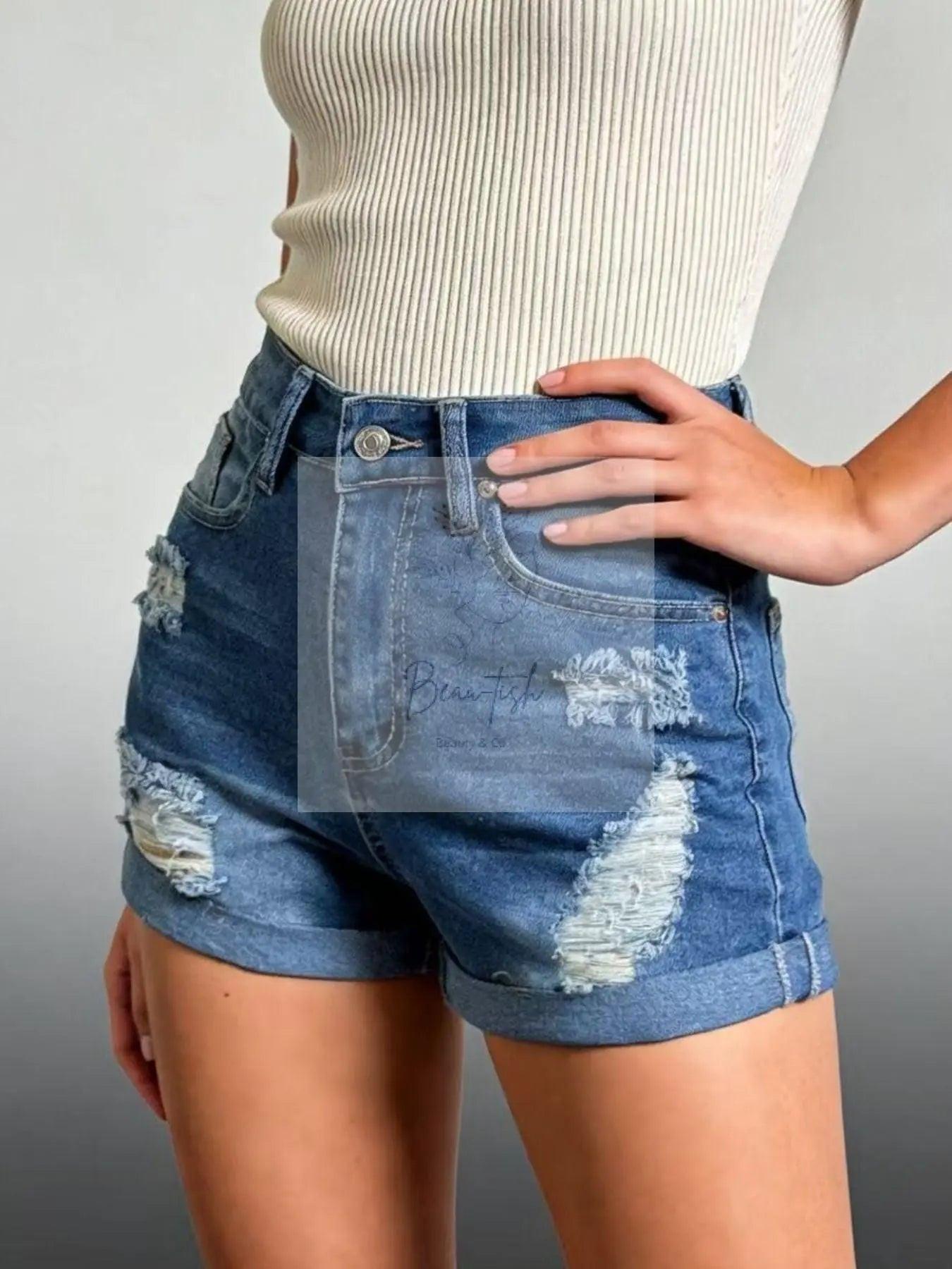 Distressed High-Waisted Denim Shorts