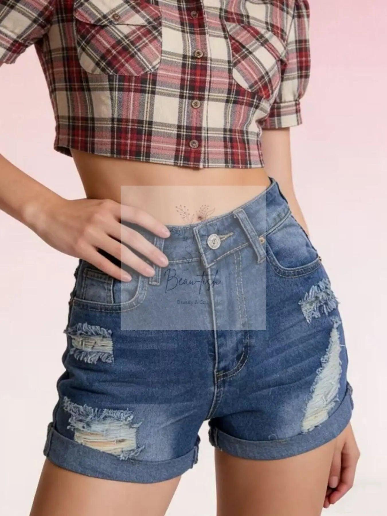 Distressed High-Waisted Denim Shorts