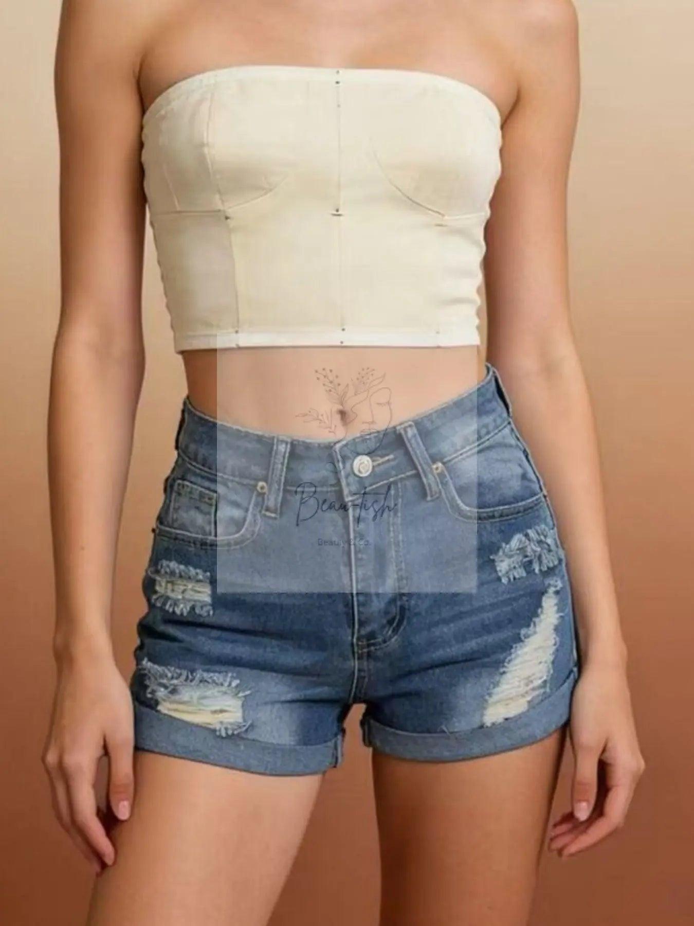 Distressed High-Waisted Denim Shorts