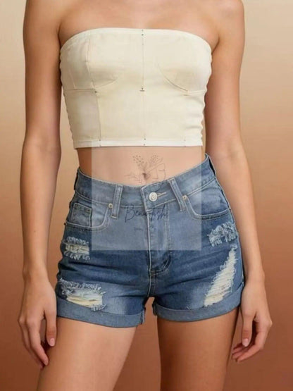 Distressed High-Waisted Denim Shorts