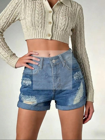 Distressed High-Waisted Denim Shorts