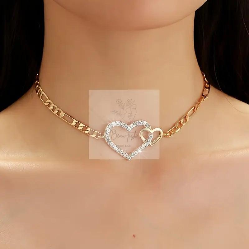 Double Heart Rhinestone Choker Necklace - Golden-Tone Interconnected Hearts with Sparkling Crystals