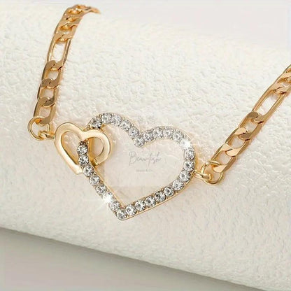Double Heart Rhinestone Choker Necklace - Golden-Tone Interconnected Hearts with Sparkling Crystals