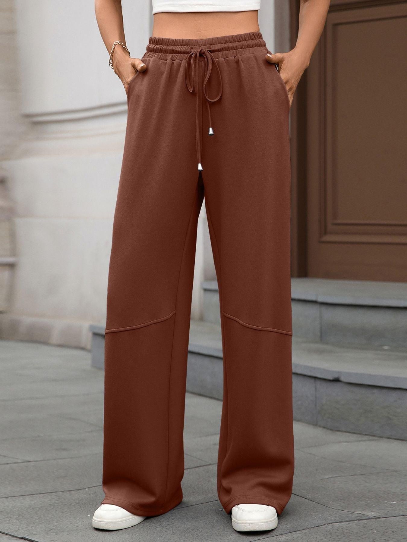 Drawstring High Waist Wide Leg Casual Pants