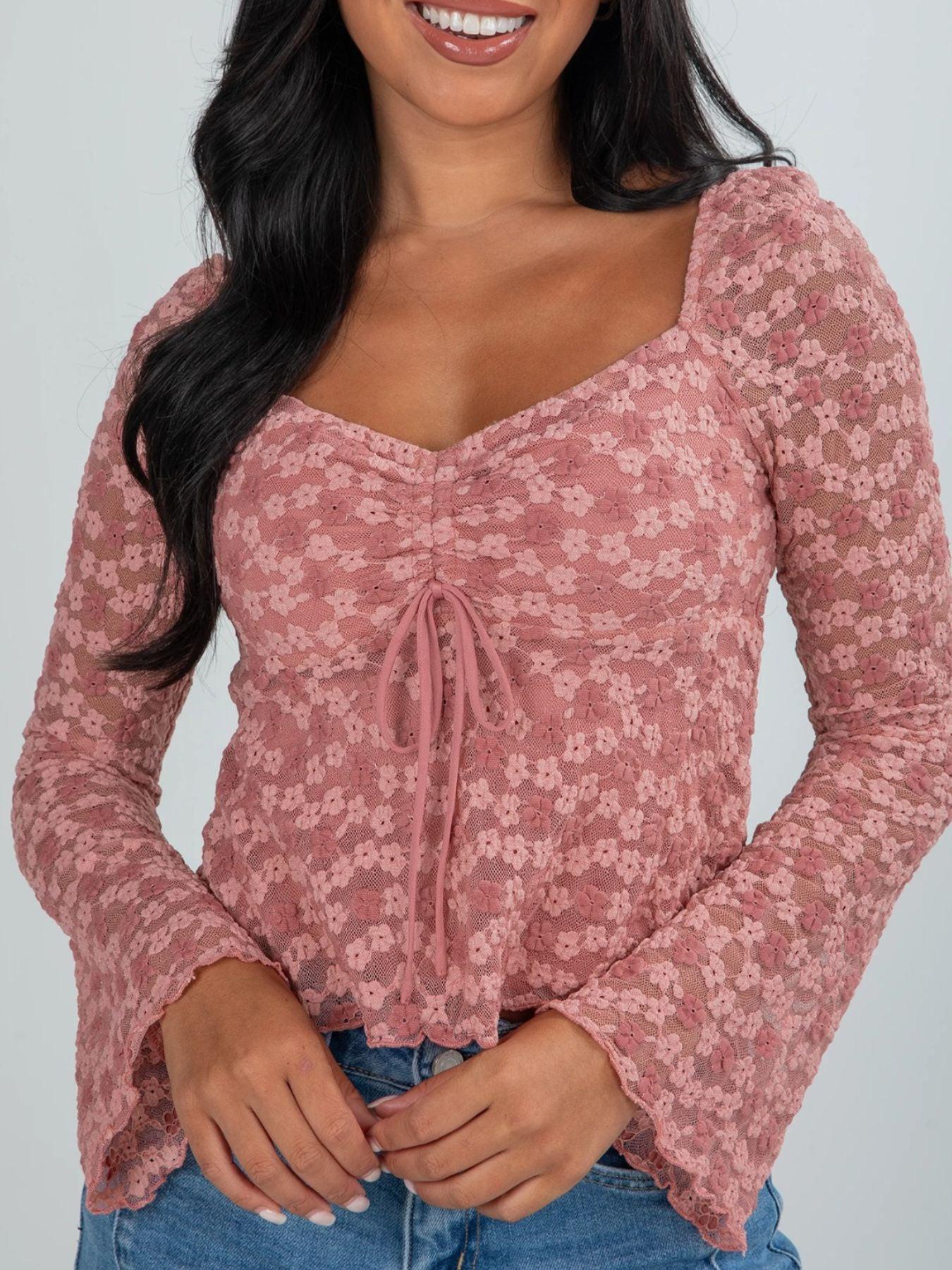 Drawstring Knot Detail Floral Lace Blouse