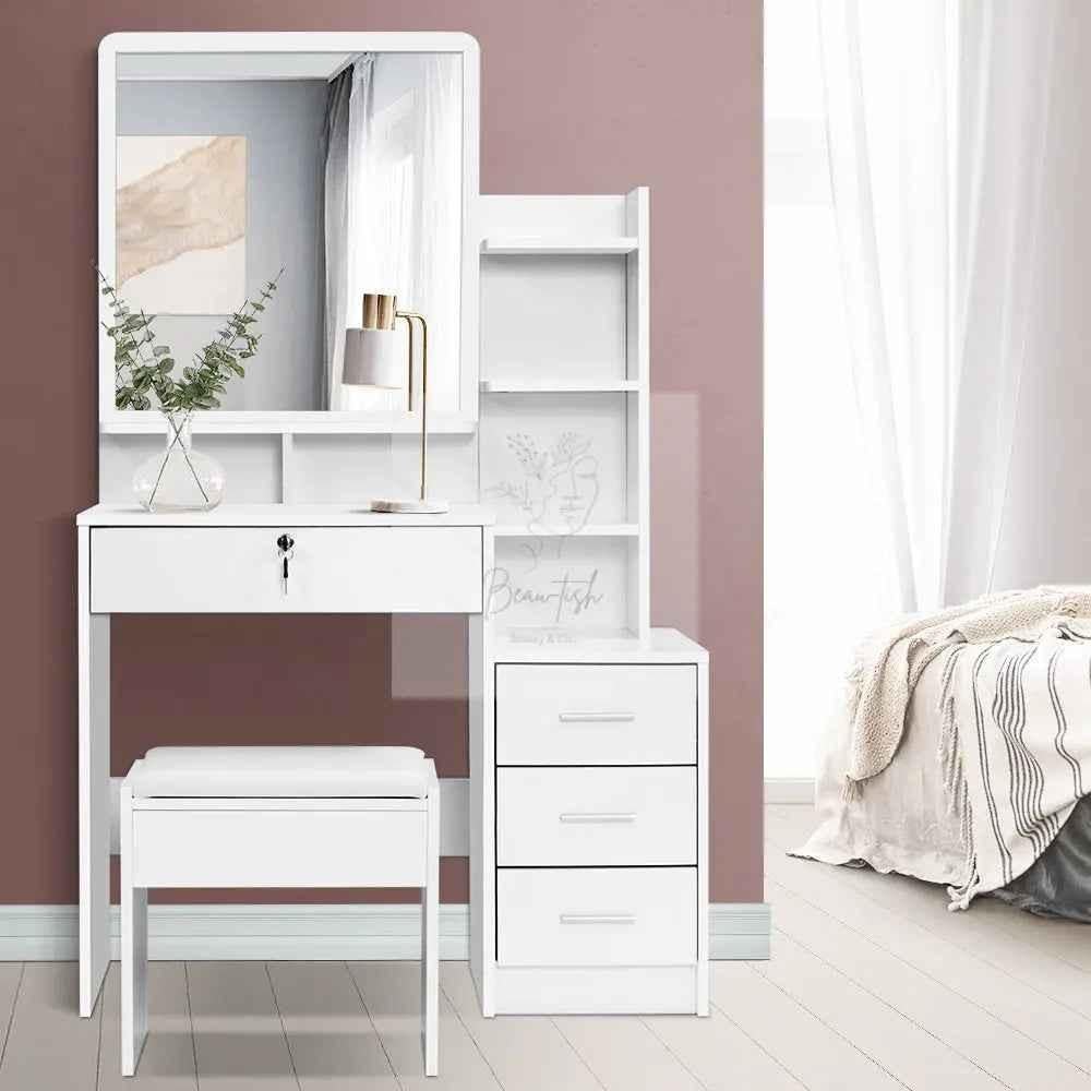 Dressing Table Stool Set 4 Drawers White
