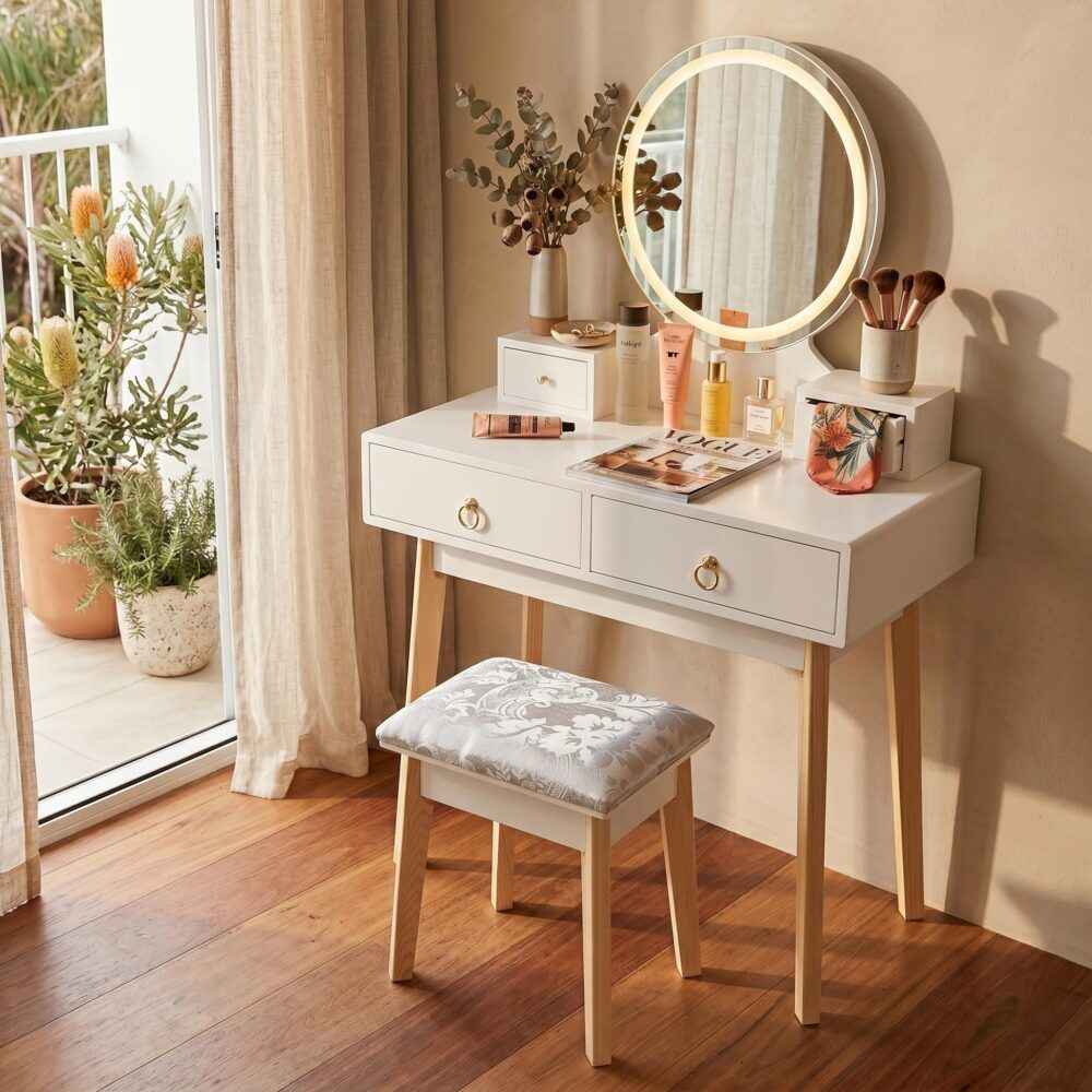 Dressing Vanity Table Stool Set with LED Lighted Makeup Mirror – White