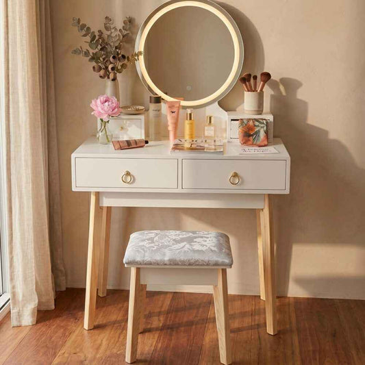Dressing Vanity Table Stool Set with LED Lighted Makeup Mirror – White