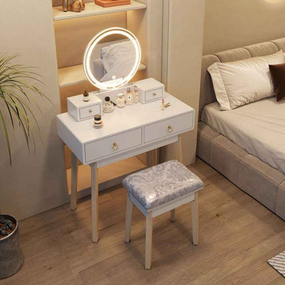 Dressing Vanity Table Stool Set with LED Lighted Makeup Mirror – White