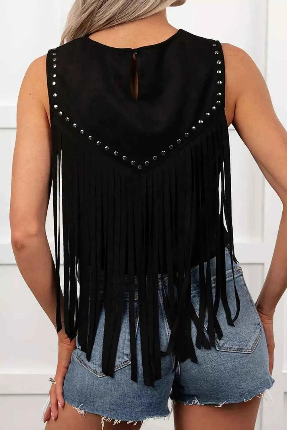 Western Fringe Rivet Paneling Bust Sleeveless Top