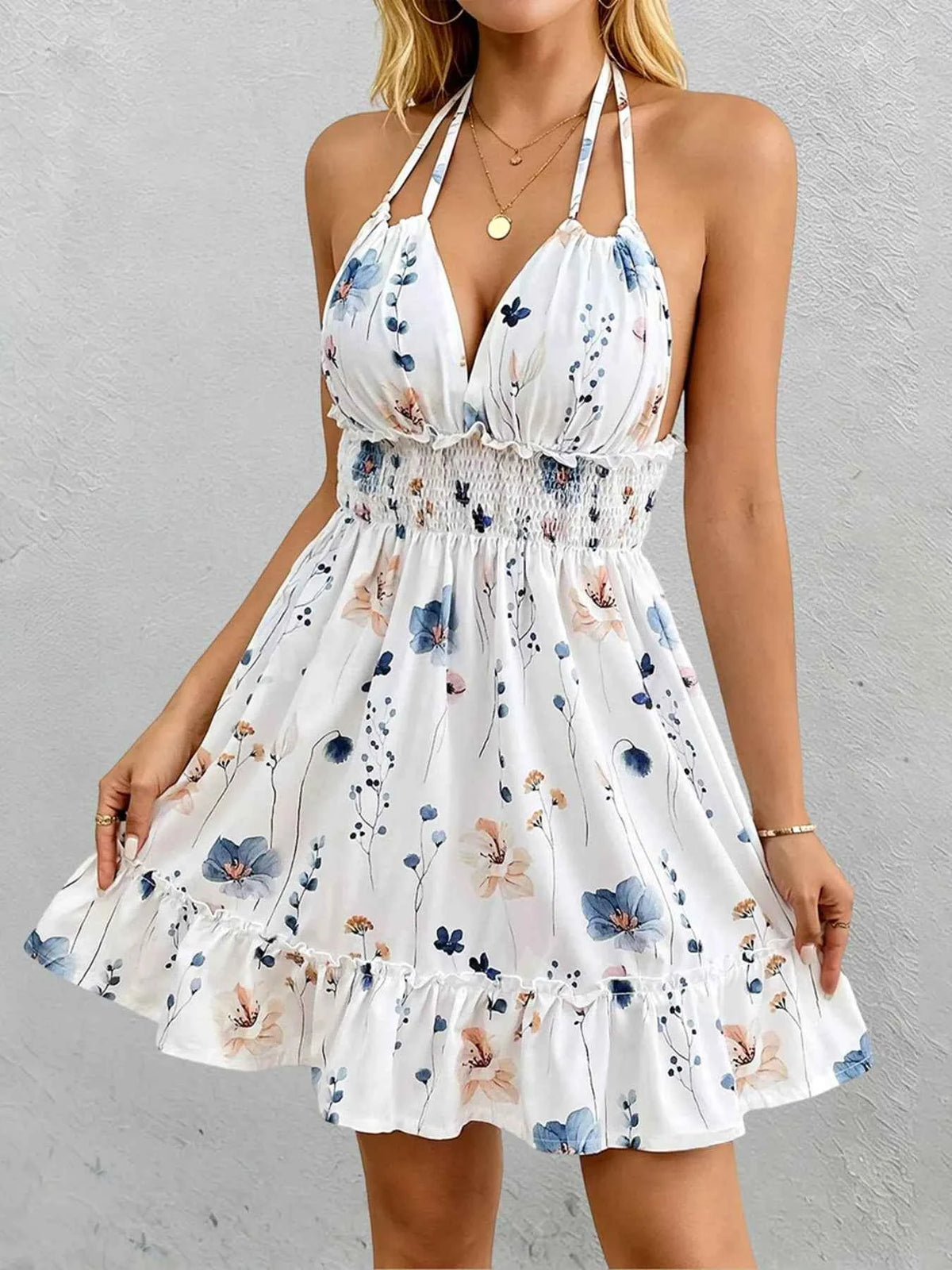 Floral Print Halter Neck Mini Dress