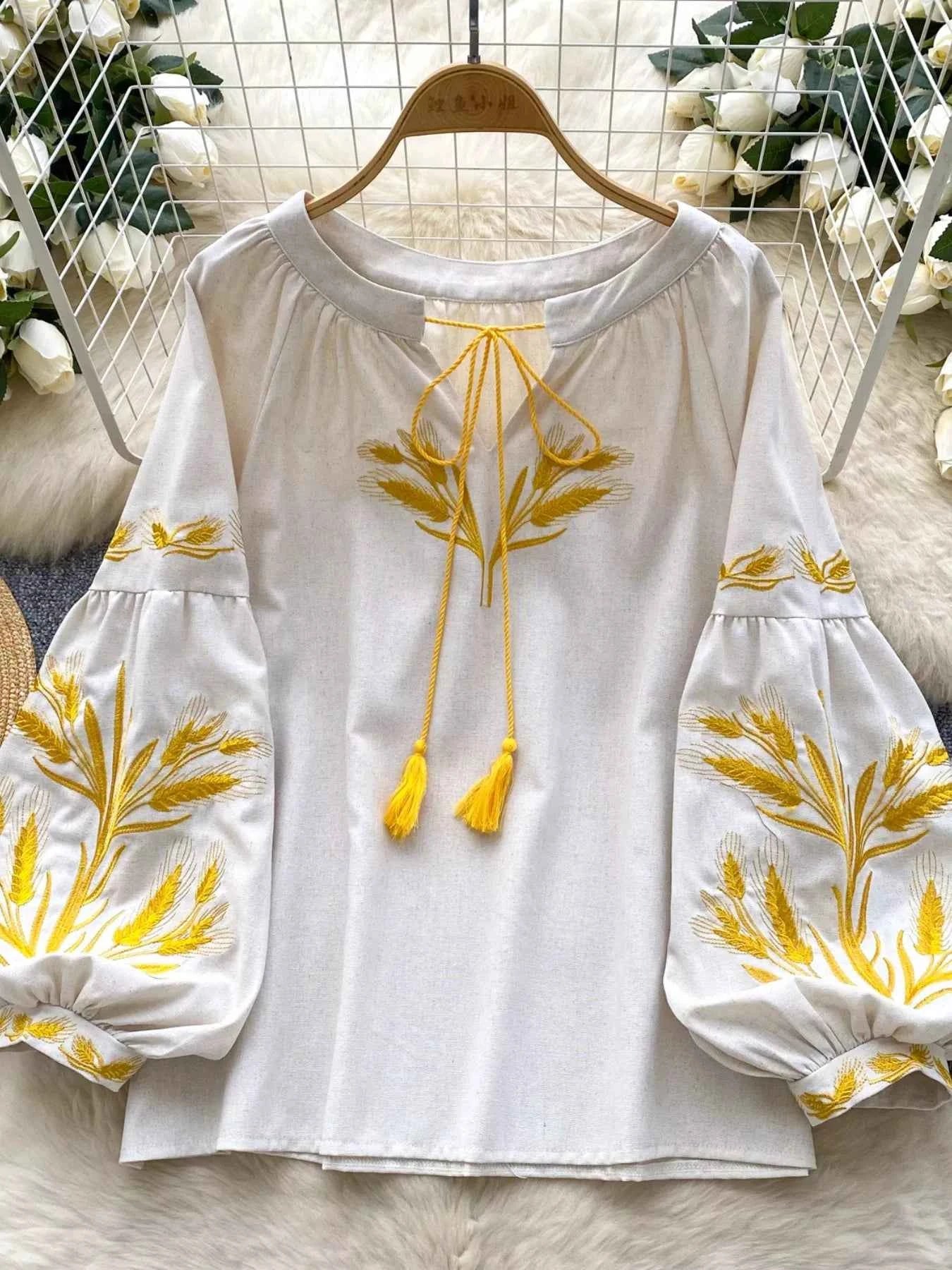 Embroidered Wheat Pattern Tie Neck Blouse
