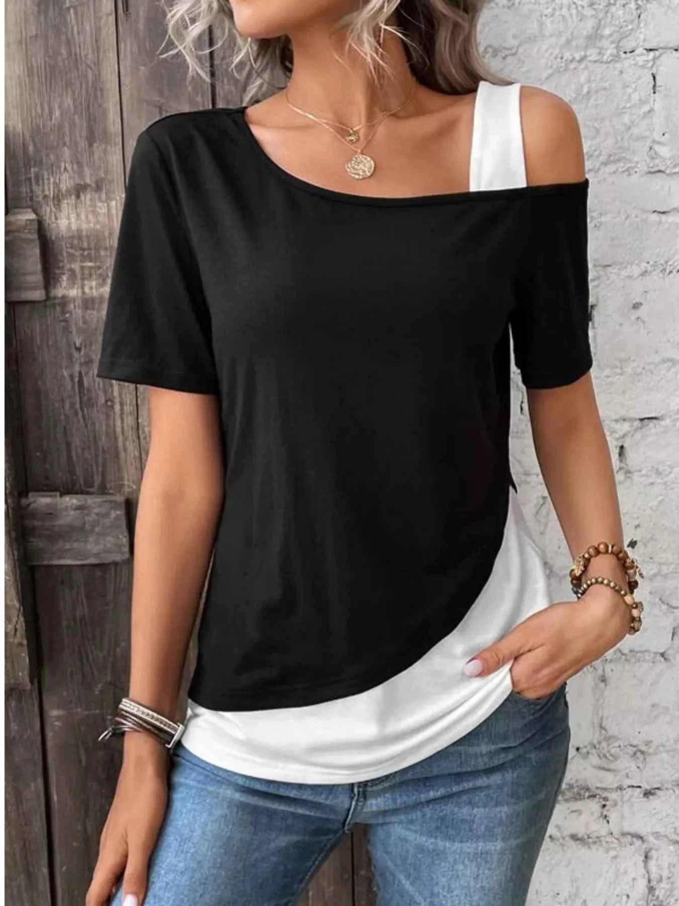 Asymmetrical Cold Shoulder Color Block T-Shirt